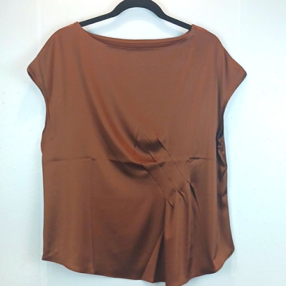 Women's chocolate brown sleeveless silky pleated crew neck blouse size XXL
